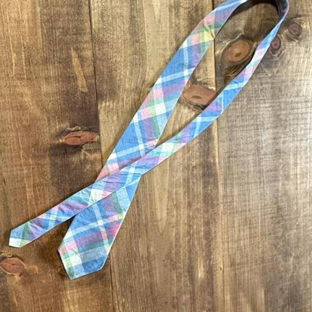 Rooster Pastel Plaid Cotton Necktie Blue Pink Prep Madras Men's Vintage Tie